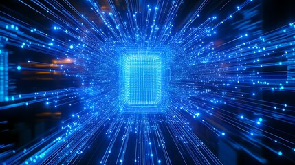 Poster - futuristic digital circuit board with electric blue lights and speeding data streams in tech environ