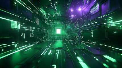 Poster - futuristic digital corridor with neon green lights and abstract technology elements in a 3d space