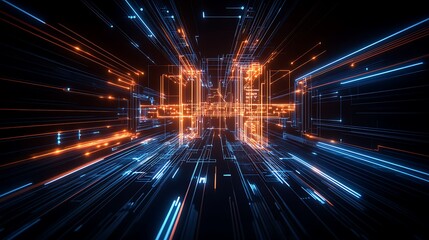 Poster - futuristic digital data stream with glowing blue and orange lines in abstract space environment