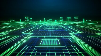 Poster - futuristic digital grid with neon lights and abstract technology elements in a 3d perspective view