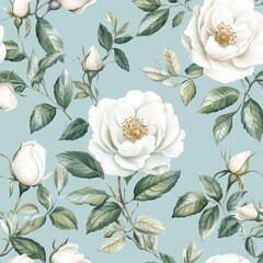 Wall Mural - A seamless pattern of white roses. An arrangement of white roses. A collection of garden flowers and leaves, depicted in a watercolor hand painting on an isolated background. Suitable for wedding