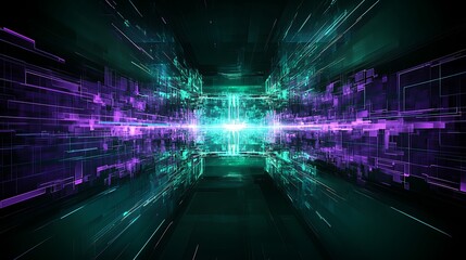 Poster - futuristic digital landscape with abstract lines and neon lights creating depth and motion in techno