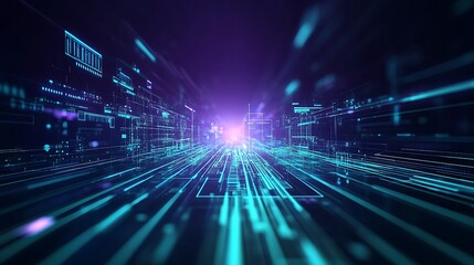 Poster - futuristic digital landscape with glowing data streams and neon light effects for technology backgro