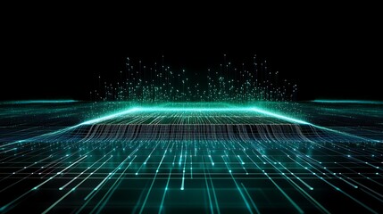 Poster - futuristic digital landscape with glowing lines and particles in a dark setting for tech and science