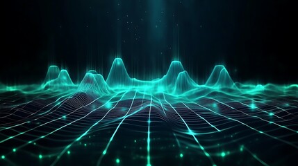 Poster - futuristic digital landscape with glowing waveforms and grid structure in abstract sci-fi style