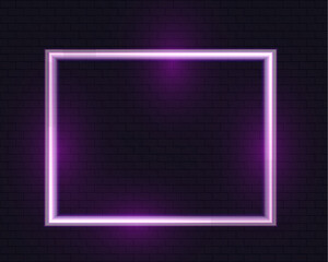 Poster - Neon rectangular frame glowing in pink and purple tones on a dark brick wall background. Minimalistic and modern design with a luminous, futuristic effect. Ideal for advertisements, banners.