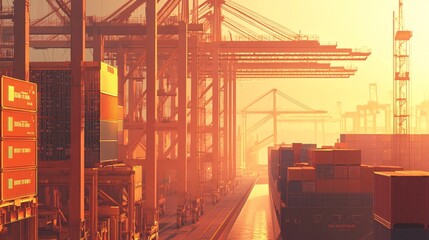 Poster - Cargo cranes loading containers on ship at sunset in a busy port