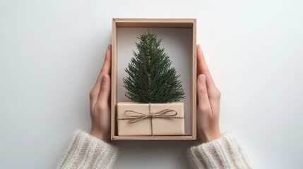 Canvas Print - A person grasps a little wooden Christmas tree, complete with ornaments and a star, radiating the warmth and cheer of the holidays.