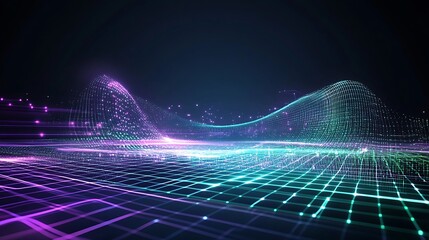 Poster - Futuristic Digital Landscape with Neon Lights and Waves Representing Technology and Innovation in Virtual Space