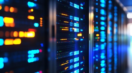 Poster - A server room with many servers, lit with blue and orange lights.