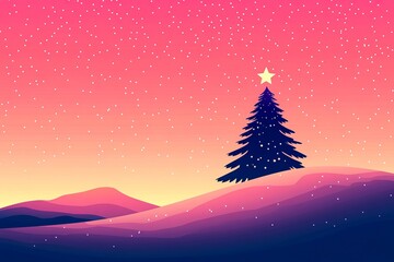 Wall Mural - under a pink sky dotted with stars, a christmas tree lights up a field at night.