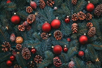 Wall Mural - A frame made of wood, decorated with red and green, and surrounded by pine needles along with red and green balls.