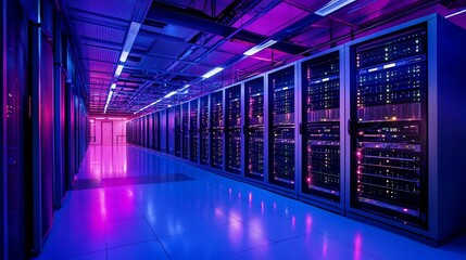 Poster - A server room with lots of servers in rows with blue and purple lighting.