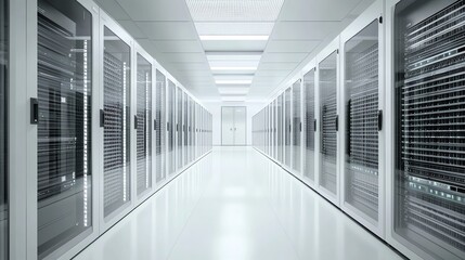 Poster - A clean, white server room with rows of black servers lit with bright white lights.
