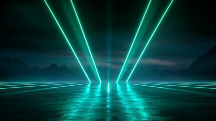 Poster - futuristic landscape with bright neon laser beams and dark atmospheric background