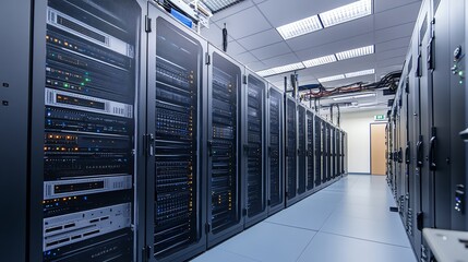 Poster - A long hallway in a server room with rows of computer servers.