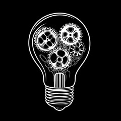 Poster - White gears inside light bulb on black.