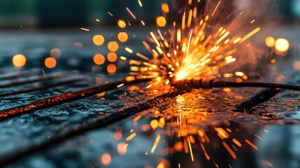 Poster - Danger of Damaged Wire Concept, Stunning Electric Sparks Reflected on Wet Metal Surface with Dynamic Bokeh Effects and Vivid Colors