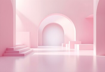 Poster - Minimalist abstract background, primitive geometrical figures, trend poster, 3D render, for the advertised. Abstract minimal scene with geometrical forms. Pink background.