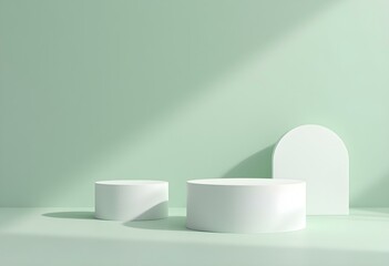 Poster - Minimal scene with podium and abstract background. Minimal scene with podium and abstract background. Pastel green and white colors scene. Trendy 3d render for social media banners