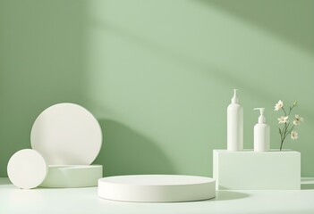 Poster - Minimal scene with podium and abstract background. Minimal scene with podium and abstract background. Pastel green and white colors scene. Trendy 3d render for social media banners
