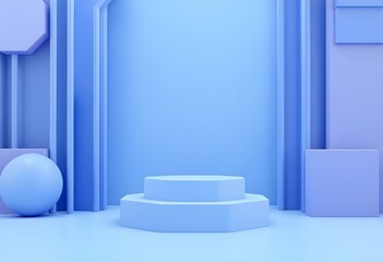 Poster - Minimal scene with podium and abstract background. Minimal scene with podium and abstract background. Pastel blue and white colors scene. Trendy 3d render for social media banners