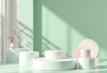 Poster - Minimal scene with podium and abstract background. Minimal scene with podium and abstract background. Pastel green and white colors scene. Trendy 3d render for social media banners