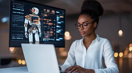 Young african female programmer working on ai development with robot interface