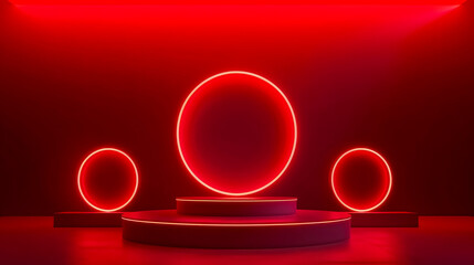 Poster - Set of Realistic 3D Backgrounds with Cylinder Podium: A set of 3D backgrounds featuring cylinder podiums in black, red, and white with glowing light and semi-circle layers.