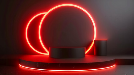 Poster - Set of Realistic 3D Backgrounds with Cylinder Podium: A set of 3D backgrounds featuring cylinder podiums in black, red, and white with glowing light and semi-circle layers.