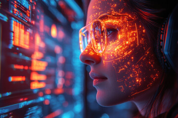 Poster - A futuristic scene depicting a woman's face wearing glasses that reflect bright orange elements reminiscent of digital circuits or networks.  