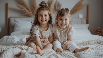 Wall Mural - Sisters sitting on a bed at home, smiling at the camera in a high-quality photo.