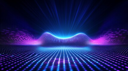 Wall Mural - Vibrant Neon Waves of Light in Abstract Digital Landscape with Glowing Particles and Rays