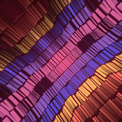 Leinwandbilder - Abstract wave illustration of colorful shiny metallic stripes of dark rectangles. Symmetrical composition. 3d rendering