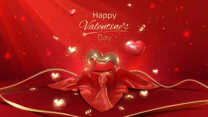 Wall Mural - valentine's day celebration template with red hearts placed on red cloth with gold ribbon decoration