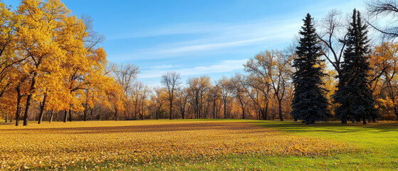 picturesque park scene with scattered fallen leaves, vibrant yellow trees, and clear blue sky creates serene atmosphere. lush green grass contrasts beautifully with autumn colors