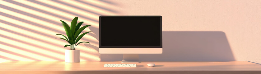 Poster - serene Japandi style home office featuring modern computer setup, stylish plant, and soft shadows creating calming atmosphere