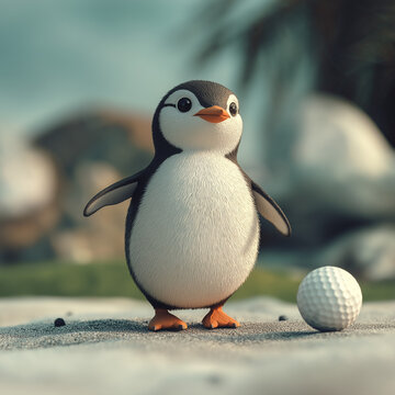 small penguin stands on a sandy area, near a golf ball