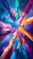 Poster - Colorful hands uniting, symbolizing teamwork, community, and diversity