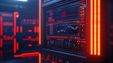 Poster - High tech data analysis station with glowing red accents and screens displaying graphs and metrics. futuristic environment emphasizes advanced technology and data visualization