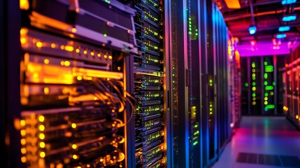 Poster - A server room with rows of servers lit with blue and orange lights.