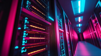 Poster - A server room with rows of servers lit with blue and orange lights.