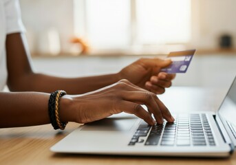 Poster - Hands typing on laptop keyboard and holding credit card, making online purchase