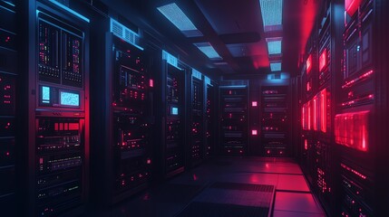 Poster - A long, narrow hallway lined with servers, glowing in a pink and blue light.