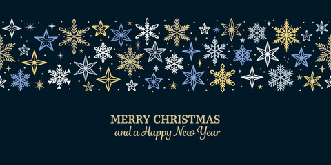 Poster - Merry Christmas greeting vector banner or card with stars and snowflakes, elegant seamless repeating border, holiday template design