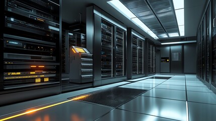 Poster - A long hallway in a server room with rows of computer servers.