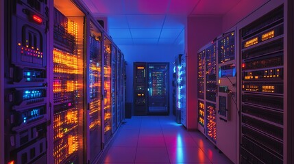 Poster - A long hallway in a server room with rows of computer servers.