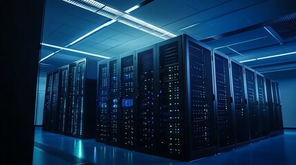 Poster - A server room with rows of servers lit with blue lights.