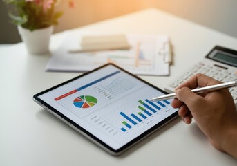 Poster - Businessman using a pen and analyzing financial charts and graphs displayed on a digital tablet, with calculator and documents on a white desk