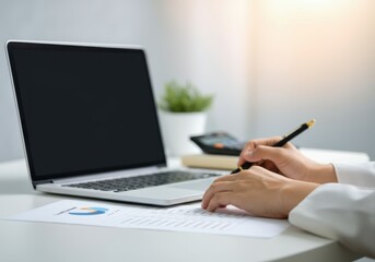 Poster - Businesswoman reviewing financial data, using laptop and calculator for analysis